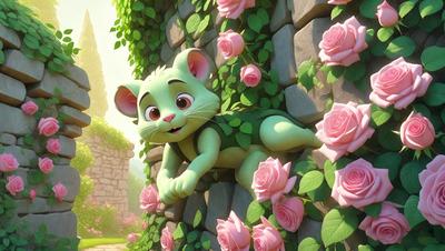 Primary subject: A cartoon cat with a green and pink color scheme.

Setting/background: The cat is sitting on a wall with a pink background.

Visual style: The image is a digital art or illustration.

Colors and mood: The cat is predominantly green and pink, giving it a cheerful and playful appearance.