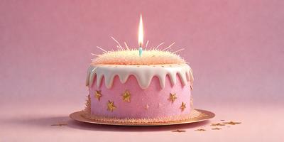 The primary subject of the image is a pink birthday cake with white frosting and stars. The cake is placed on a pink surface, which serves as the setting. The visual style of the image is a photo, capturing the cake's details and colors. The cake has a celebratory and joyful atmosphere, with its pink and white colors and the presence of stars.