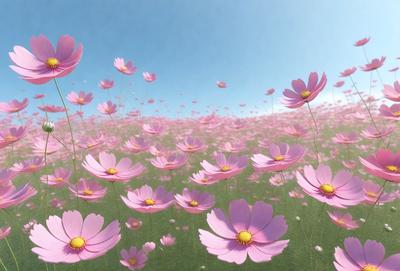 The primary subject of the image is a field of pink flowers, with a blue sky in the background. The flowers are scattered throughout the field, creating a vibrant and lively atmosphere. The visual style of the image is a combination of photo and digital art, as it captures the beauty of the flowers in a realistic yet artistic manner. The colors and mood of the image are predominantly pink and blue, evoking a sense of warmth and tranquility.