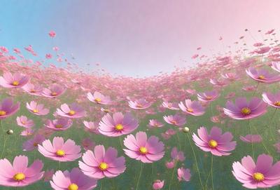 The primary subject of the image is a field of pink flowers, with a variety of different types of flowers scattered throughout the scene. The setting is a lush green field, providing a vibrant and natural backdrop for the flowers. The visual style of the image is a combination of photo and digital art, creating a realistic yet artistic representation of the flowers. The dominant colors in the image are pink and green, giving the scene a warm and inviting atmosphere.