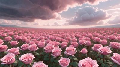 The primary subject of the image is a field of pink flowers. The setting is a cloudy sky, which serves as the backdrop for the field. The visual style of the image is a combination of photo and digital art, creating a realistic yet artistic representation of the flowers. The dominant colors in the image are pink, which gives the scene a warm and inviting atmosphere.