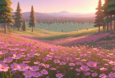 The primary subject of the image is a field of pink flowers, with a vibrant and lively atmosphere. The setting is a grassy hillside, and the visual style appears to be a combination of photo and digital art. The colors are predominantly pink, creating a warm and inviting mood.