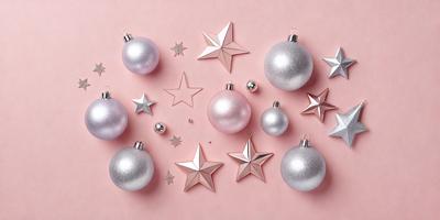 The primary subject of the image is a collection of Christmas ornaments, including stars and pearl ornaments. These ornaments are arranged on a pink surface, creating a festive and warm atmosphere. The setting appears to be indoors, possibly in a living room or a room decorated for the holiday season. The visual style of the image is a combination of photo and digital art, as it captures the details of the ornaments while also showcasing their arrangement on the pink surface.