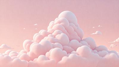 The primary subject of the image is a large, pink cloud with white clouds on top of it. The cloud is floating in a pink sky, creating a serene and whimsical atmosphere. The setting is a sky filled with clouds, which adds to the overall visual style of the image. The colors and mood of the image are predominantly pink and whimsical, making it a delightful and imaginative scene.