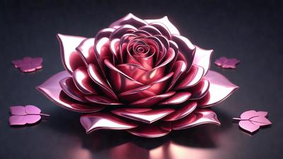 The primary subject of the image is a large, intricately designed metal rose. The rose is pink and features a patterned design, giving it a unique and artistic appearance. The setting is a table, and the visual style is a combination of photo and digital art. The colors and mood of the image are predominantly pink, creating a warm and inviting atmosphere.