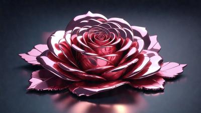 The primary subject of the image is a large, three-dimensional, red rose made of metal. The rose is placed on a black surface, which serves as the background. The visual style of the image is a combination of photo and digital art, as it appears to be a photograph of a digital artwork. The rose has a prominent pink color, and its metallic texture adds a unique and elegant touch to the scene.
