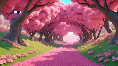 The primary subject of the image is a pink road surrounded by trees. The setting is a forest with pink flowers on the ground. The visual style is a digital art or illustration, creating a whimsical and colorful atmosphere. The dominant colors are pink and white, giving the scene a cheerful and vibrant mood.