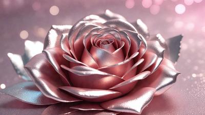 The primary subject of the image is a pink rose with a silver or metallic appearance. The rose is the focal point of the scene, and it is set against a pink background. The visual style of the image is a combination of photo and digital art, creating a unique and eye-catching appearance. The dominant colors in the image are pink and silver, giving the rose a shiny and elegant appearance.