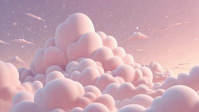 The primary subject of the image is a large, pink, fluffy cloud. The cloud is floating in a purple sky, which serves as the setting for the scene. The visual style of the image is digital art, as it appears to be a painting or drawing of a cloud. The dominant colors in the image are pink and purple, creating a soft and dreamy atmosphere.