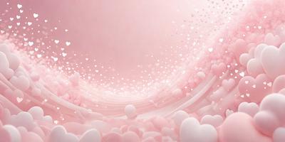 The primary subject of the image is a large number of hearts, which are scattered throughout the scene. The hearts are of various sizes and are positioned in different orientations. The setting is a pink background, which adds to the overall mood of the image. The visual style of the image is a combination of photo and digital art, creating a unique and eye-catching display. The dominant colors in the image are pink and white, which contribute to a warm and inviting atmosphere.