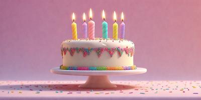 The primary subject of the image is a birthday cake with candles on it. The cake is placed on a white plate, which is sitting on a white pedestal. The cake is decorated with colorful sprinkles, adding a festive touch to the scene. The setting appears to be a celebration, with the cake being the centerpiece of the event. The visual style of the image is a combination of photo and digital art, creating a vibrant and lively atmosphere. The colors and