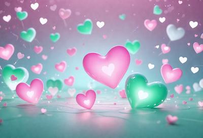 The primary subject of the image is a group of hearts, which are the main objects in the scene. The hearts are floating in the air, creating a whimsical and playful atmosphere. The setting is a blue background, which adds to the overall visual style of the image. The hearts are depicted in a digital art or illustration format, giving the scene a vibrant and lively appearance.