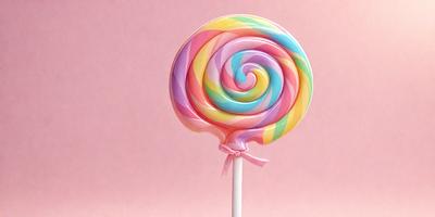 The primary subject of the image is a colorful lollipop with a pink, purple, and blue striped design. The lollipop is placed on a pink surface, which serves as the setting or background. The visual style of the image is a combination of photo and digital art, creating a vibrant and eye-catching scene. The dominant colors in the image are pink, purple, and blue, which contribute to a cheerful and playful atmosphere.