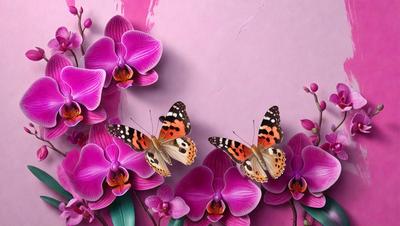 The primary subject of the image is a pair of butterflies, each with a different color, sitting on top of a pink flower. The setting is a pink background, which adds a vibrant and lively atmosphere to the scene. The visual style is a combination of photo and digital art, creating a realistic yet artistic representation of the butterflies and the flower. The colors and mood of the image are predominantly pink, which evokes a sense of warmth, love, and beauty