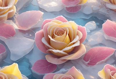 The primary subject of the image is a beautifully crafted, three-dimensional rose made of glass. The rose is placed in a water-like environment, which adds a sense of depth and realism to the scene. The visual style of the image is a combination of photo and digital art, creating a unique and captivating display. The dominant colors in the image are pink and yellow, which complement the overall atmosphere of the scene.