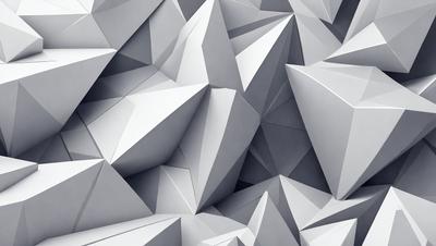 The primary subject of the image is a large number of white geometric shapes, which are arranged in a visually striking pattern. The setting is a gray background, which contrasts with the white shapes, creating a striking visual effect. The visual style of the image is a combination of digital art and illustration, with the shapes appearing to be both intricately crafted and digitally rendered. The colors and mood of the image are predominantly white and gray, giving it a clean, minimalist, and modern appearance.