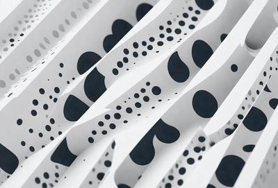 The primary subject of the image is a white sheet of paper with black dots on it. The setting is a close-up view of the paper, showcasing the intricate pattern of the black dots. The visual style is a combination of a photo and a digital art, as the paper appears to be a photograph of a pattern, but the pattern itself is a digital art creation. The colors and mood of the image are predominantly black and white, giving it a clean and minimalist appearance.
