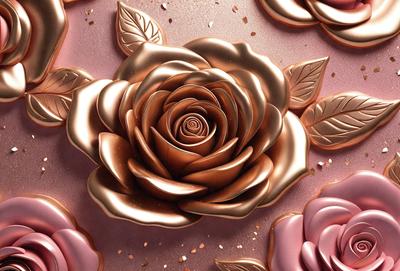 The primary subject of the image is a gold rose, which is the main object, scene, or focus of the image. The rose is set against a pink background, creating a visually appealing contrast. The rose is depicted in a digital art style, giving it a unique and intricate appearance. The overall atmosphere of the image is elegant and sophisticated, with the gold rose serving as the centerpiece.