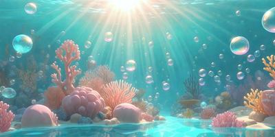 The primary subject of the image is a vibrant underwater scene featuring a variety of colorful coral and sea creatures. The setting is a sunlit ocean, with the sunlight creating a warm and inviting atmosphere. The visual style is a combination of photo and digital art, creating a realistic yet artistic representation of the underwater world. The colors and mood are predominantly bright and lively, with the coral and sea creatures adding a sense of life and energy to the scene.