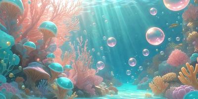 The primary subject of the image is a vibrant underwater scene featuring a variety of colorful sea creatures, including fish, coral, and other marine life. The setting is a lively underwater environment, with the background showcasing a beautiful blue ocean. The visual style of the image is a combination of photo and digital art, creating a realistic and captivating representation of the underwater world. The colors and mood of the image are predominantly bright and cheerful, with the use of various shades