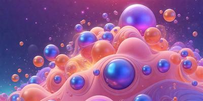 The primary subject of the image is a large, pink, purple, and orange blob with many bubbles and orbs on it. The blob is surrounded by a purple and pink background, giving the scene a vibrant and colorful appearance. The visual style of the image is digital art, as it features a detailed and intricate design. The dominant colors in the image are pink, purple, and orange, creating a warm and lively atmosphere.