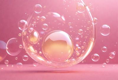 The primary subject of the image is a large, round, pink bubble with a golden center. The bubble is floating in a pink background, giving the scene a warm and vibrant atmosphere. The visual style of the image is a combination of photo and digital art, creating a realistic yet artistic representation of the bubble. The colors and mood of the image are predominantly pink and golden, evoking a sense of happiness and positivity.