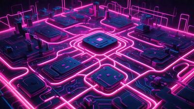 The primary subject of the image is a pink, purple, and black circuit board with a central square. The setting is a pink and purple circuit board, which creates a unique and visually striking visual style. The colors and mood of the image are vibrant and futuristic, with the pink and purple hues giving the scene a sense of energy and creativity.