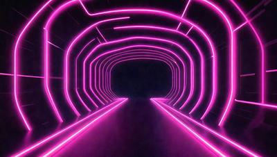 The primary subject of the image is a tunnel with a pink lighting effect. The tunnel appears to be a part of a futuristic cityscape, and the lighting creates a unique atmosphere. The setting is a dark environment, and the visual style is a combination of photo and digital art. The dominant colors are pink and purple, giving the scene a futuristic and surreal mood.