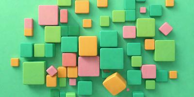 The primary subject of the image is a green and pink background with a variety of colored squares. The setting is a green and pink background, and the visual style is digital art. The colors and mood of the image are vibrant and lively, with the green and pink squares creating a visually appealing and engaging scene.
