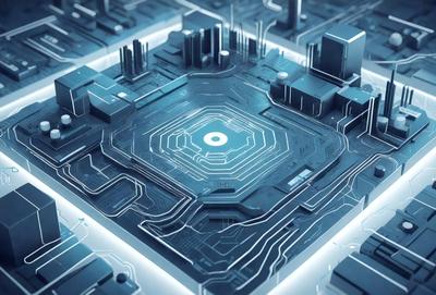 The primary subject of the image is a futuristic cityscape, featuring a large, intricate, and detailed computer circuit board. The setting is a blue, digital art-style environment, with a cityscape in the background. The visual style is a combination of photo and digital art, creating a unique and captivating image. The colors and mood are predominantly blue, with a sense of futuristic and technological atmosphere.
