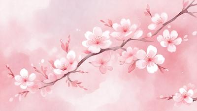 The primary subject of the image is a branch with pink flowers on it. The setting is a pink background, which adds to the overall mood of the scene. The visual style is a watercolor painting, giving the image a delicate and artistic appearance. The dominant colors are pink and white, creating a soft and serene atmosphere.