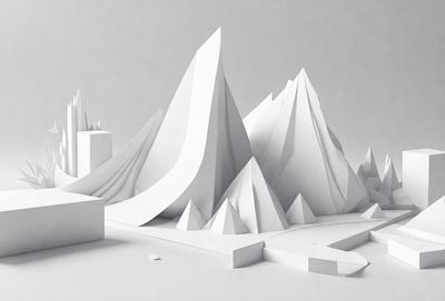 The primary subject of the image is a large, three-dimensional model of a mountain. The setting is a white surface, which serves as the background. The visual style is a combination of digital art and illustration, creating a realistic and detailed representation of the mountain. The colors and mood of the image are predominantly white, giving it a clean and minimalist appearance.