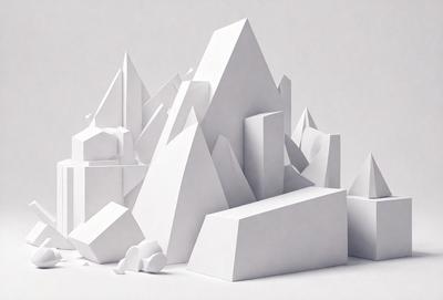 The primary subject of the image is a white mountain, which is the main focus of the scene. The mountain is surrounded by other white structures, giving the impression of a cityscape. The visual style of the image is digital art, as it appears to be a 3D model or a computer-generated representation of the mountain. The colors and mood of the image are predominantly white, giving it a clean and minimalist appearance.