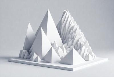 The primary subject of the image is a white, three-dimensional model of a mountain. The setting is a white surface, which provides a clean and minimalist backdrop for the model. The visual style is a combination of digital art and illustration, as the mountain is depicted in a detailed and realistic manner. The colors and mood of the image are predominantly white, giving it a clean and serene atmosphere.
