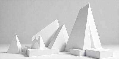 The primary subject of the image is a white triangle, which is the main object in the scene. The setting is a white background, which creates a clean and minimalist visual style. The image is a digital art or illustration, showcasing the triangle in various orientations and sizes. The dominant colors are white, which creates a sense of simplicity and purity.