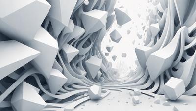 The primary subject of the image is a white, three-dimensional, abstract sculpture of a mountain. The setting is a white, rocky, and craggy environment, which serves as the backdrop for the sculpture. The visual style is digital art, as the sculpture appears to be a digital creation. The colors and mood of the image are predominantly white, giving it a clean and minimalist appearance.