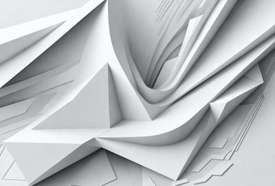 The primary subject of the image is a white, three-dimensional sculpture of a building. The setting is a white room, and the visual style is a combination of digital art and illustration. The sculpture is the main focus of the image, and the overall atmosphere is clean and minimalistic.