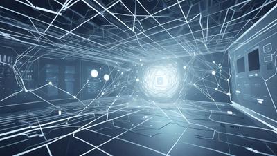 The primary subject of the image is a futuristic, computer-generated environment with a blue and white color scheme. The setting is a dark room with a tunnel-like structure, and the visual style is a combination of digital art and illustration. The overall atmosphere is mysterious and intriguing, with a sense of depth and complexity.