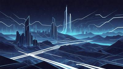 The primary subject of the image is a futuristic cityscape with a blue sky and a few buildings. The setting is a nighttime cityscape with a few skyscrapers and a bridge. The visual style is digital art, and the colors and mood are predominantly blue, creating a calm and serene atmosphere.