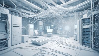 The primary subject of the image is a room with a large number of computer monitors and keyboards. The setting is a white room with a white floor, which gives the room a clean and minimalist appearance. The visual style of the image is digital art, as it depicts a futuristic and technological environment. The colors and mood of the image are predominantly white, giving it a calm and serene atmosphere.