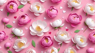 The primary subject of the image is a collection of white and pink flowers. The flowers are arranged in a pattern, creating a visually appealing and harmonious display. The setting is a pink background, which adds a warm and inviting atmosphere to the scene. The visual style of the image is a combination of digital art and illustration, showcasing the artist's skill in creating realistic and detailed floral patterns. The colors and mood of the image are predominantly pink and white, evoking a