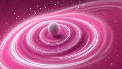 The primary subject of the image is a small white ball, which is located in the center of a purple, swirling, and circular surface. The setting appears to be a futuristic or abstract environment, with the ball seemingly floating in a void. The visual style of the image is a combination of photo and digital art, creating a unique and captivating scene. The dominant colors in the image are purple and white, giving the scene a futuristic and otherworldly atmosphere.