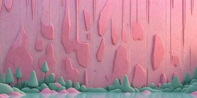 The primary subject of the image is a pink and purple wall with a pattern of pink and purple blobs. The setting is a room with a green and pink background. The visual style is digital art, and the colors and mood are vibrant and lively.