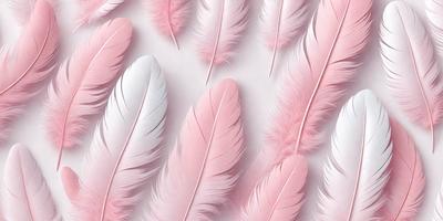The primary subject of the image is a collection of pink and white feathers. The feathers are arranged in a pattern, covering a large surface. The setting is a white background, which provides a clean and uncluttered look. The visual style is a combination of photo and digital art, creating a realistic yet artistic representation of the feathers. The colors and mood of the image are predominantly pink and white, giving it a soft and delicate appearance.