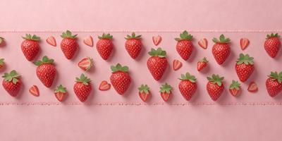 The primary subject of the image is a row of strawberries. The strawberries are arranged in a pattern, with each strawberry being slightly different in size and shape. The setting is a pink surface, which adds a vibrant and fresh touch to the scene. The visual style of the image is a close-up of the strawberries, showcasing their details and textures. The colors and mood of the image are predominantly pink, which creates a warm and inviting atmosphere