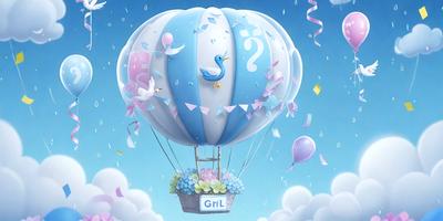 The primary subject of the image is a blue and white hot air balloon with a bird on top of it. The balloon is floating in the sky, and the bird is perched on top of it. The setting is a cloudy sky, and the visual style is digital art. The colors and mood of the image are bright and cheerful, with the blue and white balloon and the bird adding a sense of playfulness and whimsy.