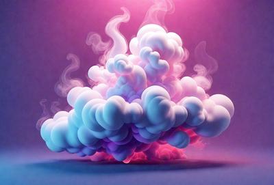 The primary subject of the image is a large, colorful cloud. The cloud is purple and blue, and it appears to be floating in the air. The setting is a dark background, which contrasts with the vibrant colors of the cloud. The visual style of the image is a combination of photo and digital art, creating a unique and eye-catching representation of the cloud. The overall atmosphere of the image is lively and dynamic, with the cloud taking center stage as the main focus.