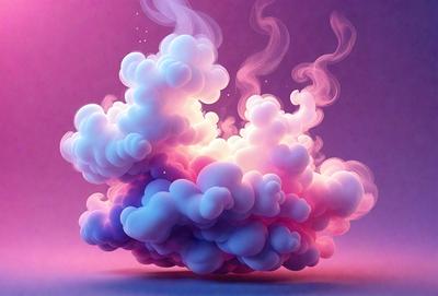 The primary subject of the image is a large, colorful cloud. The cloud is pink and blue, and it appears to be floating in a purple sky. The setting is a cloudy sky, and the visual style is a digital art or illustration. The overall atmosphere is vibrant and lively, with the cloud serving as the main focus of the image.