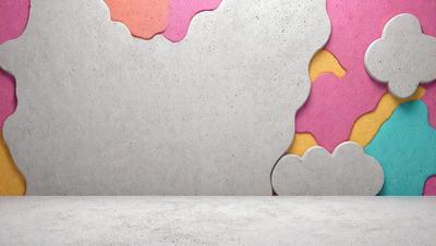 The primary subject of the image is a wall with a pattern of pink, yellow, and orange shapes. The setting is a room with a white surface, and the visual style appears to be a combination of photo and digital art. The dominant colors are pink, yellow, and orange, creating a vibrant and lively atmosphere.