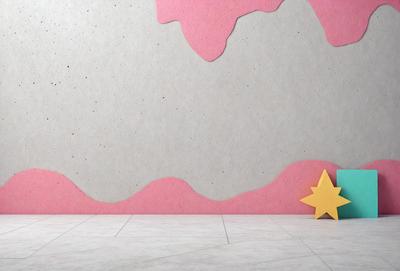 The primary subject of the image is a yellow star, which is placed on a pink wall. The setting is a room with a pink and white wall, and the visual style appears to be a combination of digital art and illustration. The dominant colors in the image are pink and yellow, creating a warm and cheerful atmosphere.